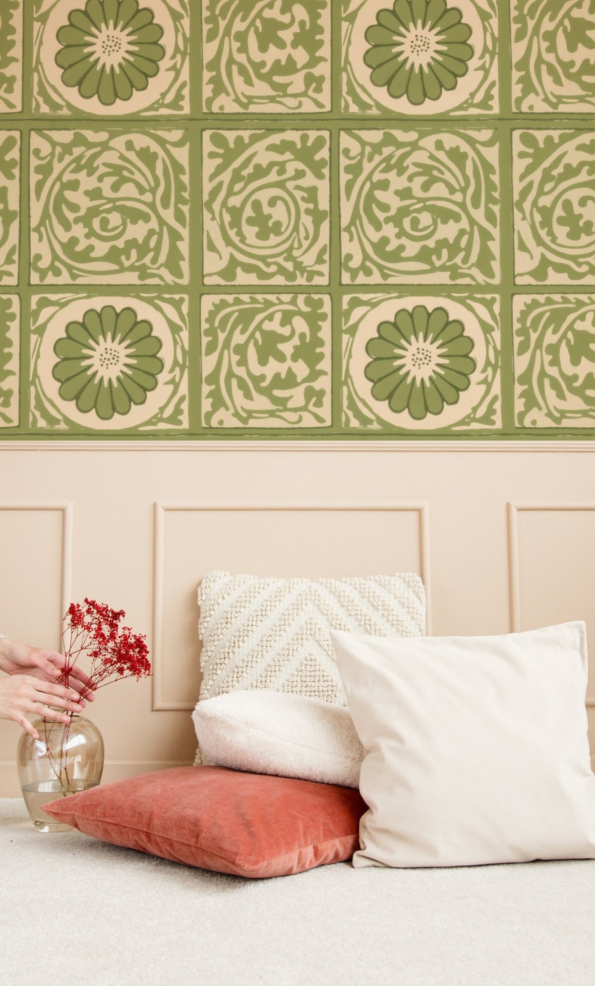 William Morris Diaper Green large scale wallpaper in a styled room