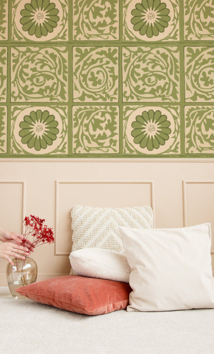 William Morris Diaper Green large scale wallpaper in a styled room