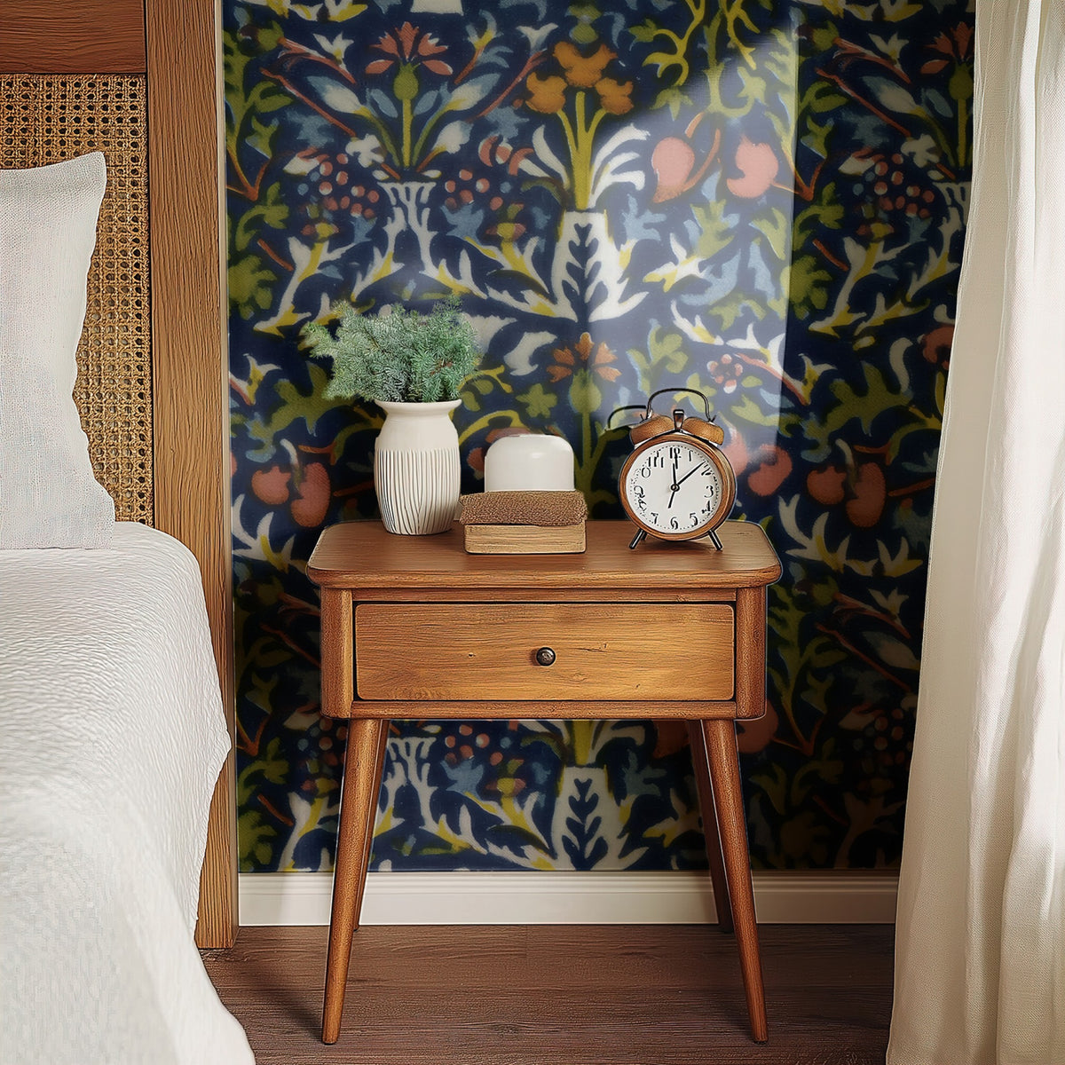 William Morris Flower Pot Navy large scale wallpaper in a styled room
