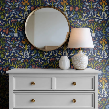 William Morris Flower Pot Navy large scale wallpaper in a styled room