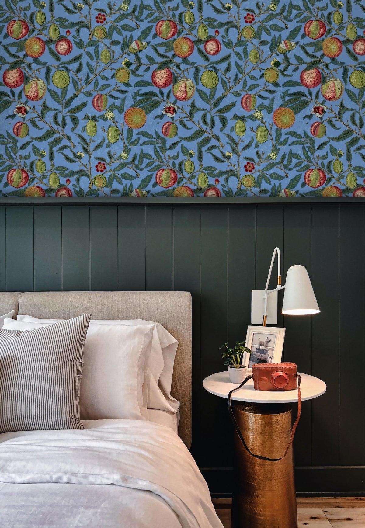 William Morris Fruit Cornflower wallpaper in a styled room