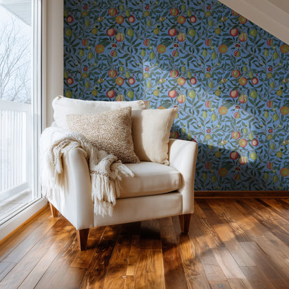 William Morris Fruit Cornflower wallpaper in a styled room
