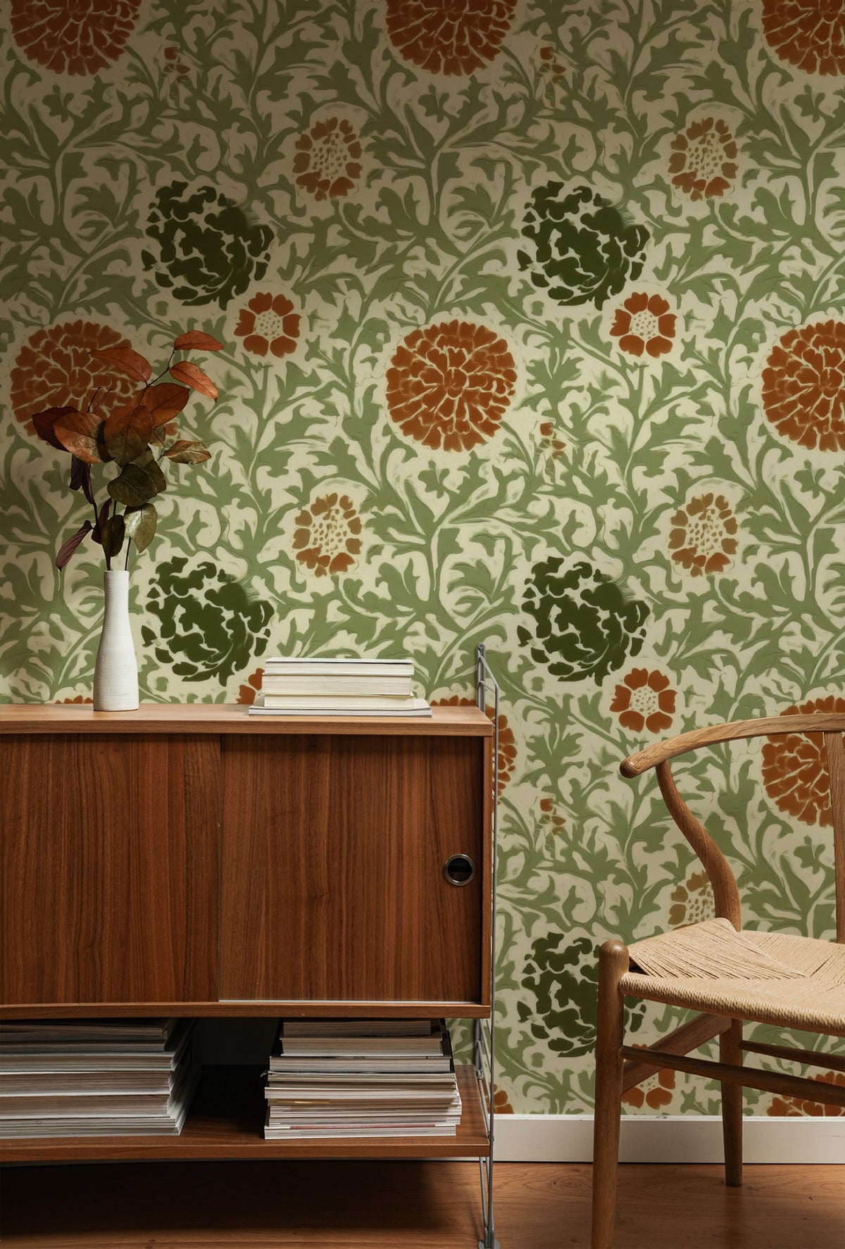 William Morris Grafton Sage large scale wallpaper in a styled room