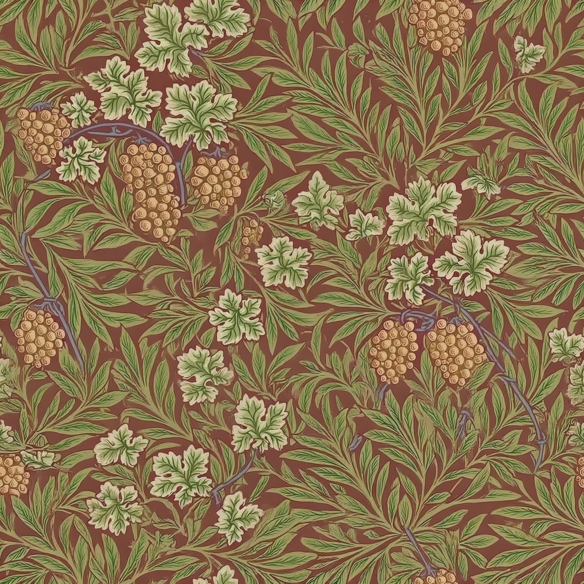 Golden grape clusters, pale vine leaves and green foliage trailing across a deep russet-red ground in a William Morris wallpaper design.