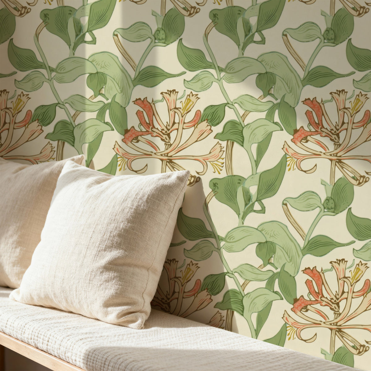 William Morris Honeysuckle Cream large scale wallpaper in a styled room