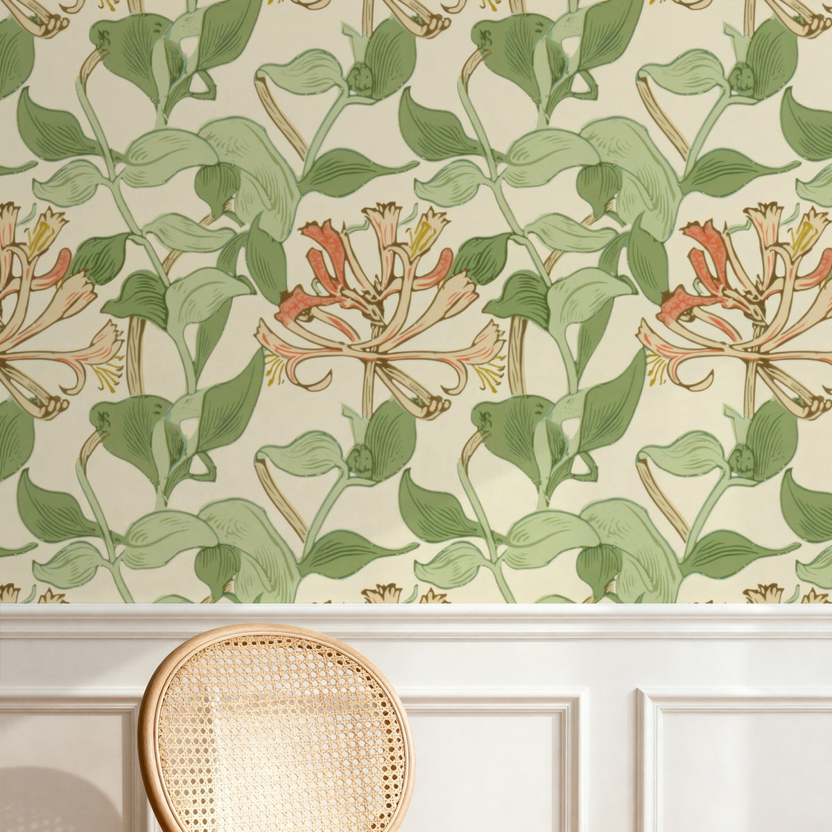 William Morris Honeysuckle Cream large scale wallpaper in a styled room