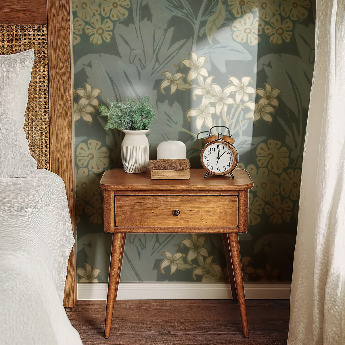 William Morris Jasmine Sage large scale wallpaper in a styled room