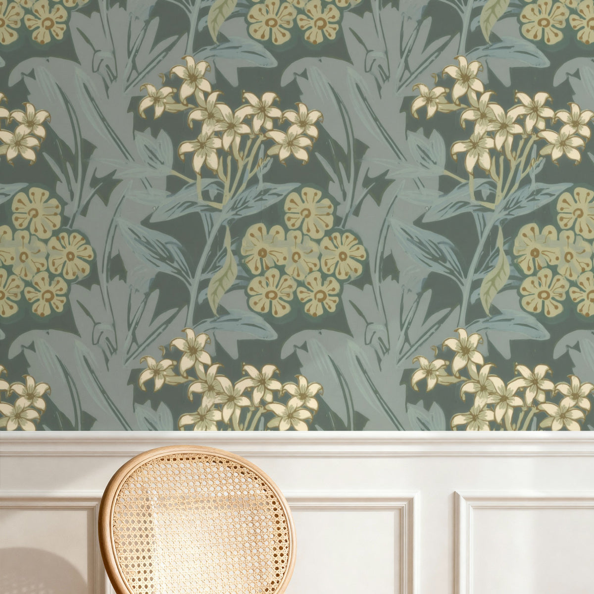 William Morris Jasmine Sage large scale wallpaper in a styled room
