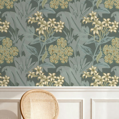William Morris Jasmine Sage large scale wallpaper in a styled room