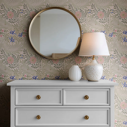 William Morris Larkspur Blush & Olive wallpaper in a styled room