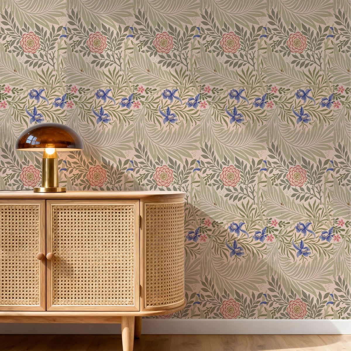 William Morris Larkspur Blush & Olive wallpaper in a styled room