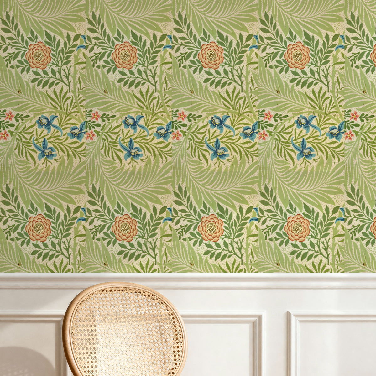 William Morris Larkspur Heritage wallpaper in a styled room