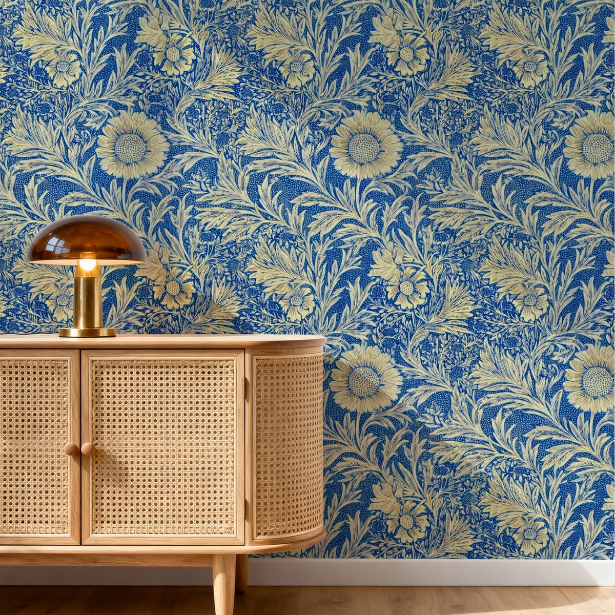 William Morris Marigold Blue large scale wallpaper in a styled room
