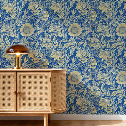 William Morris Marigold Blue large scale wallpaper in a styled room