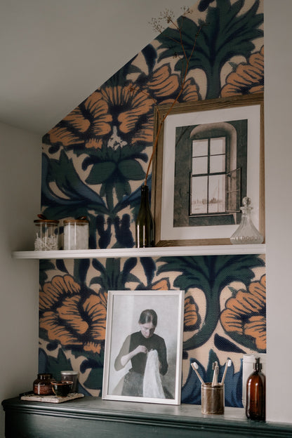 William Morris Peony Navy large scale wallpaper in a styled room