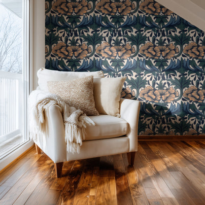 William Morris Peony Navy large scale wallpaper in a styled room