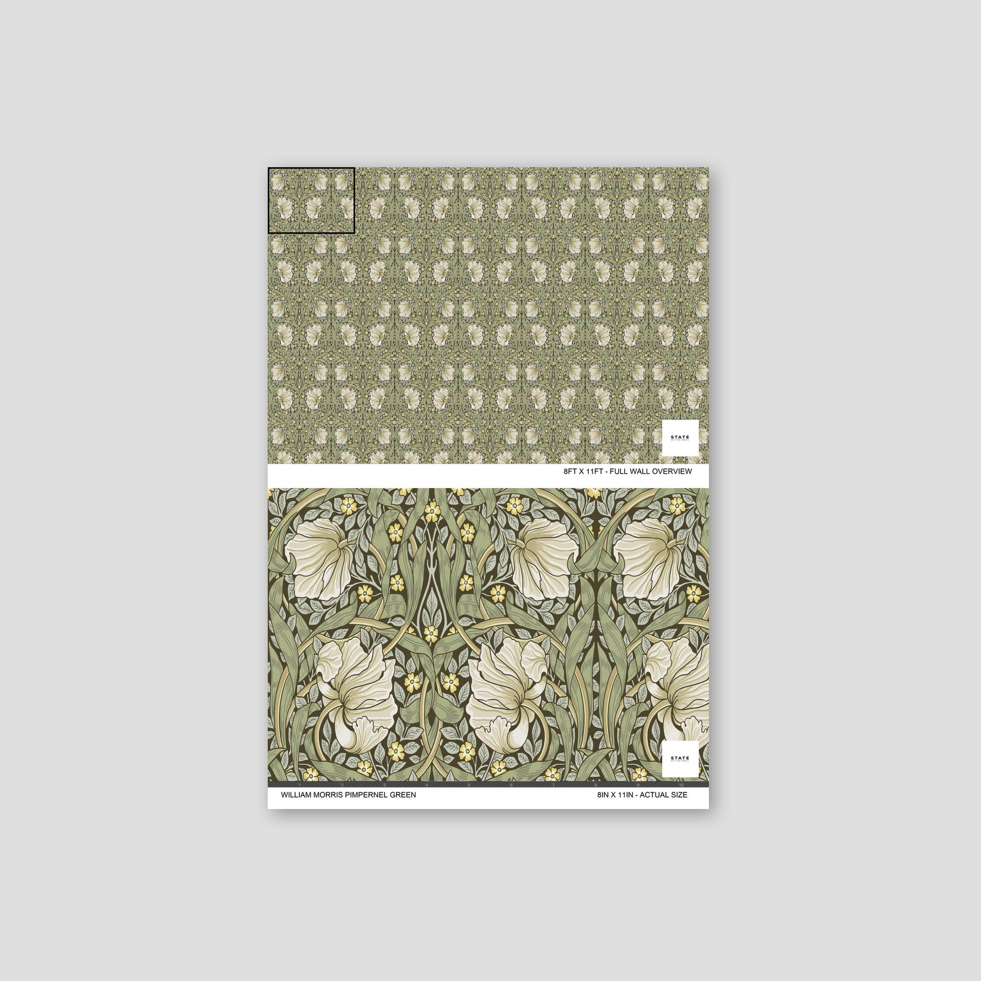 William Morris Pimpernel Green wallpaper with the 1876 Morris pimpernel design used in his own Kelmscott House dining room, shown installed in a second interior for room context