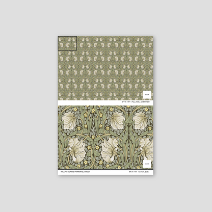 William Morris Pimpernel Green wallpaper with the 1876 Morris pimpernel design used in his own Kelmscott House dining room, shown installed in a second interior for room context