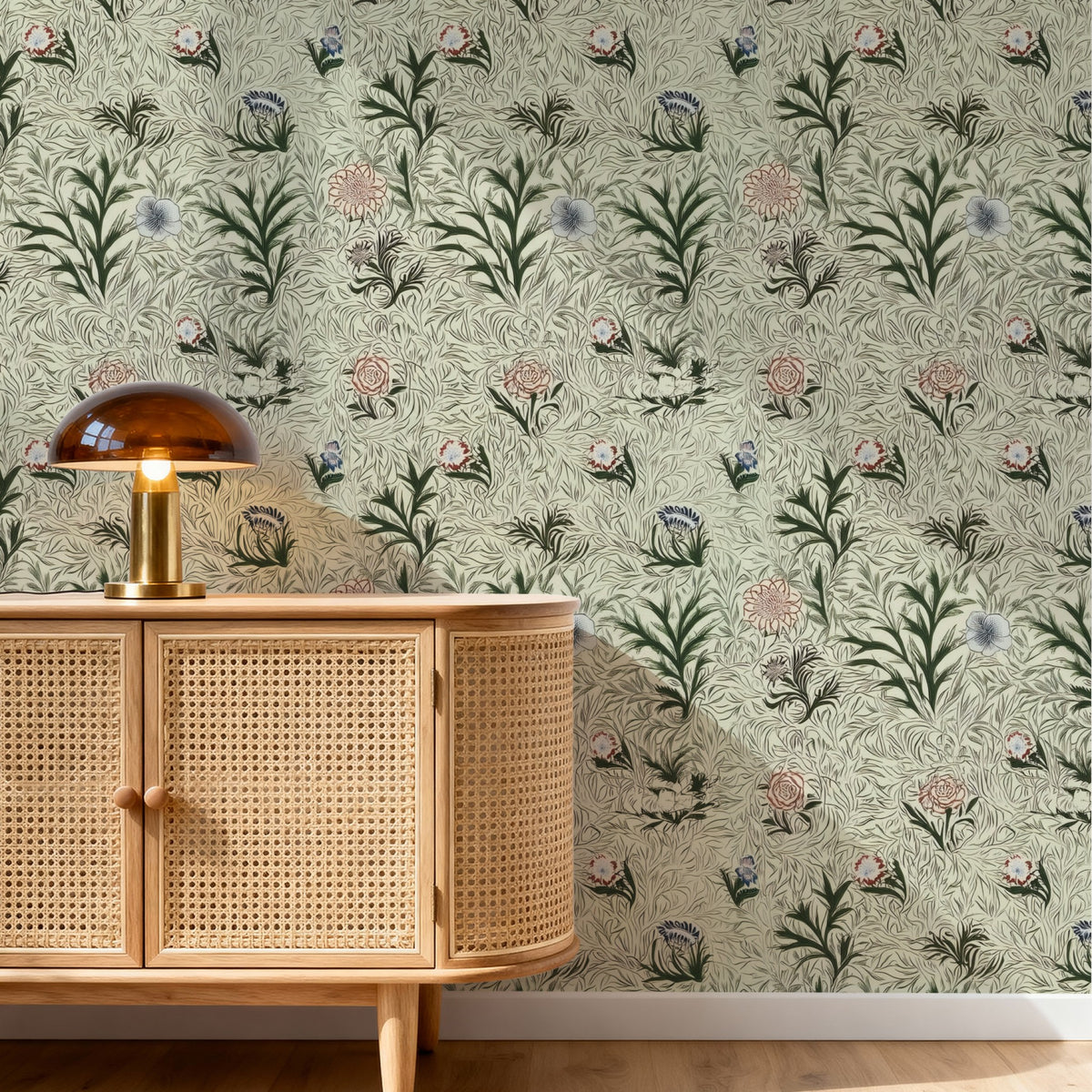William Morris Powdered Sage large scale wallpaper in a styled room