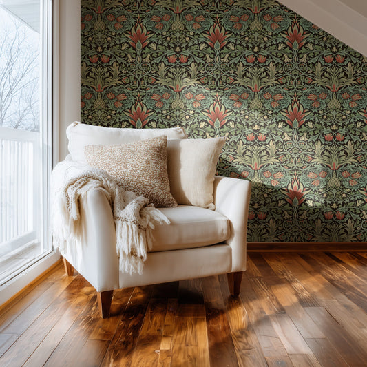 William Morris Snakeshead Chocolate & Pistachio wallpaper in a styled room