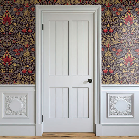 William Morris Snakeshead Claret & Saffron wallpaper in a styled room