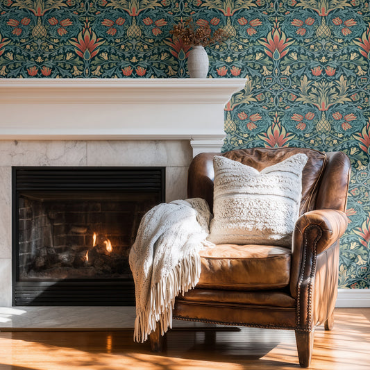 William Morris Snakeshead Moody Teal & Coral wallpaper in a styled room
