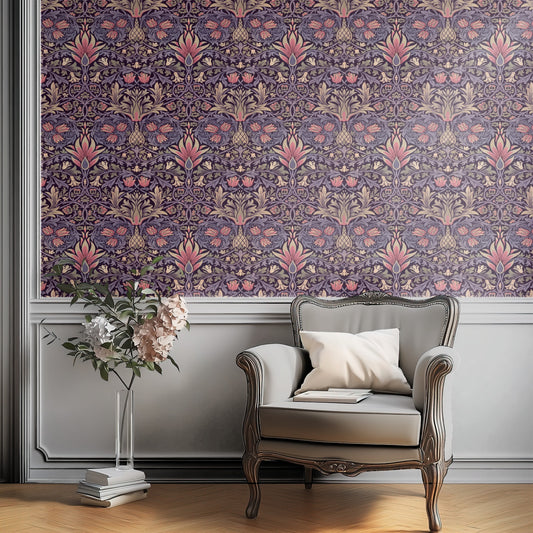 William Morris Snakeshead Plum & Rose wallpaper in a styled room