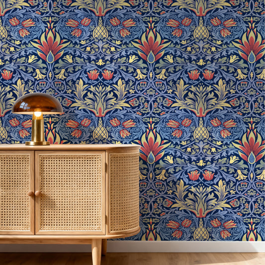 William Morris Snakeshead Sapphire & Butter wallpaper in a styled room