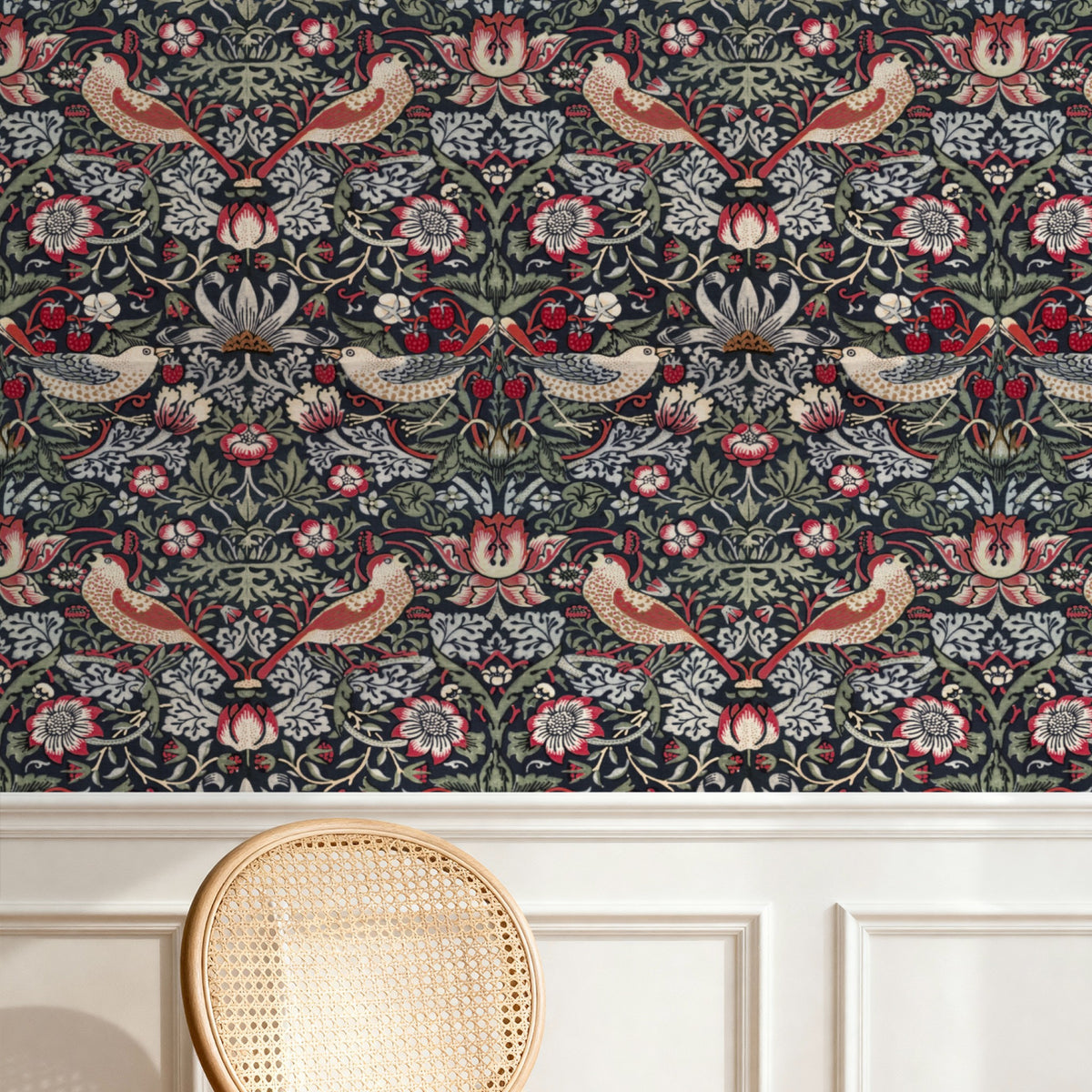 William Morris Strawberry Thief Charcoal & Cranberry wallpaper in a styled room