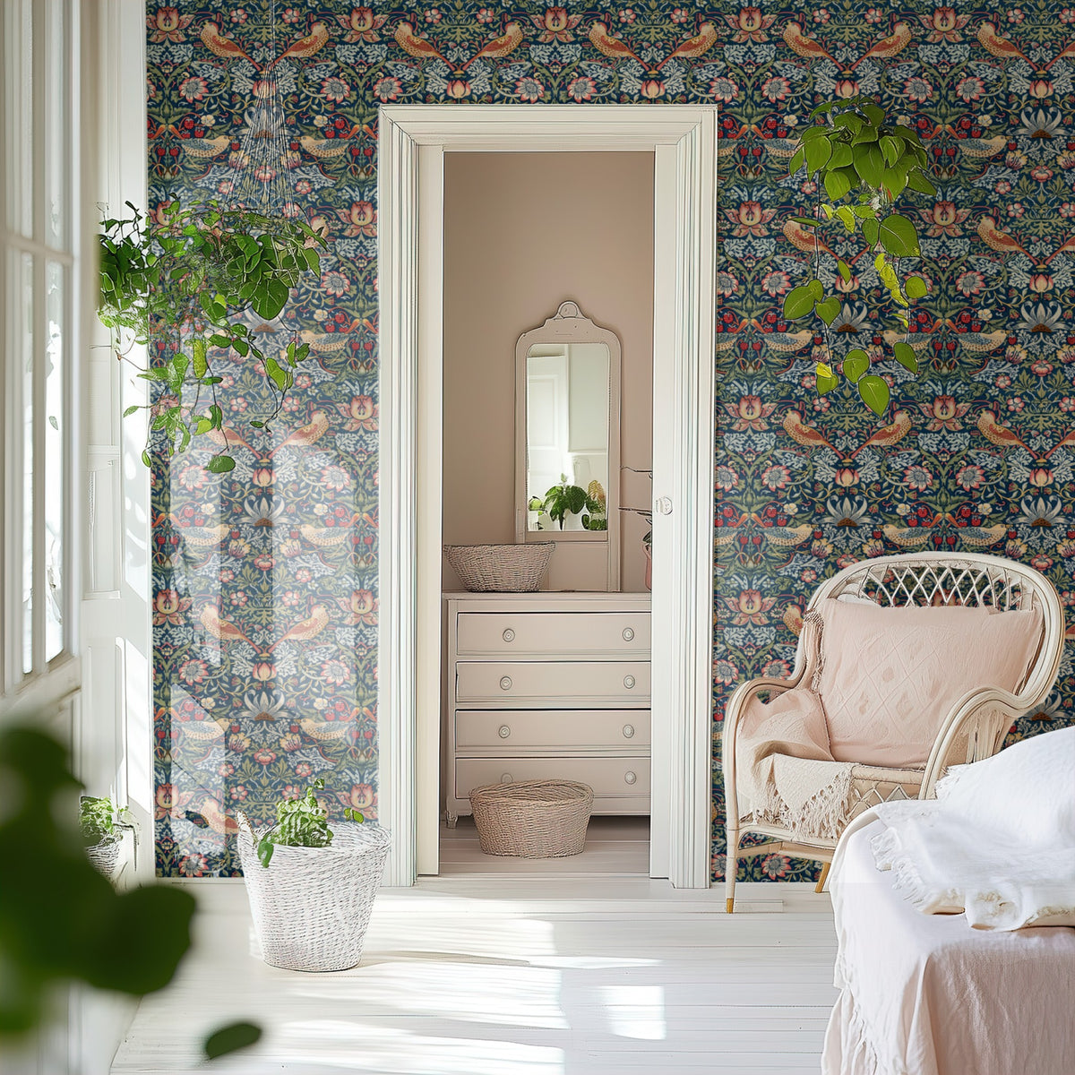 William Morris Strawberry Thief Heritage wallpaper in a styled room