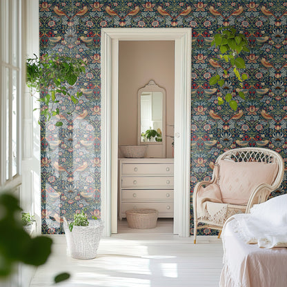 William Morris Strawberry Thief Heritage wallpaper in a styled room