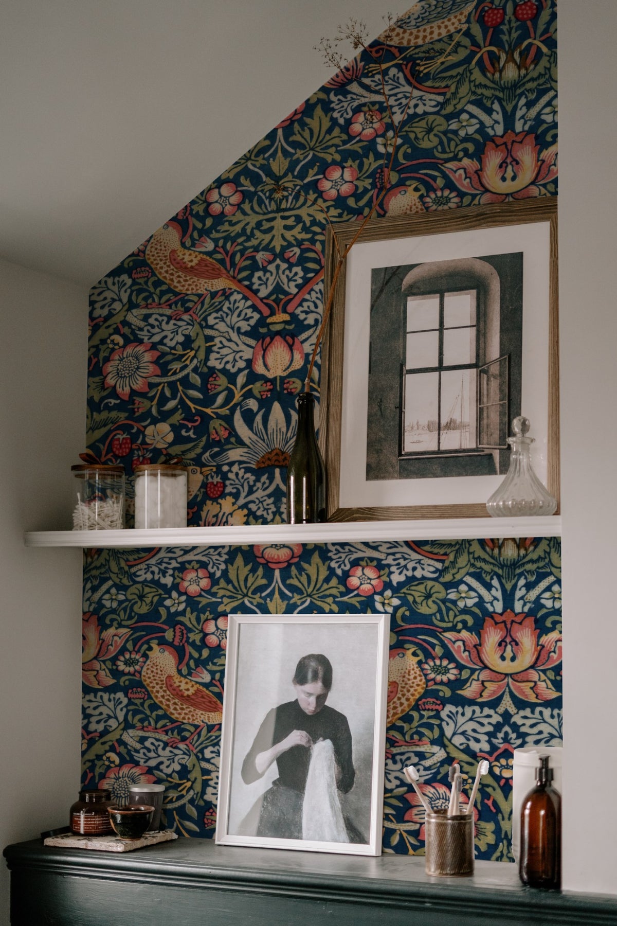 William Morris Strawberry Thief Heritage wallpaper in a styled room