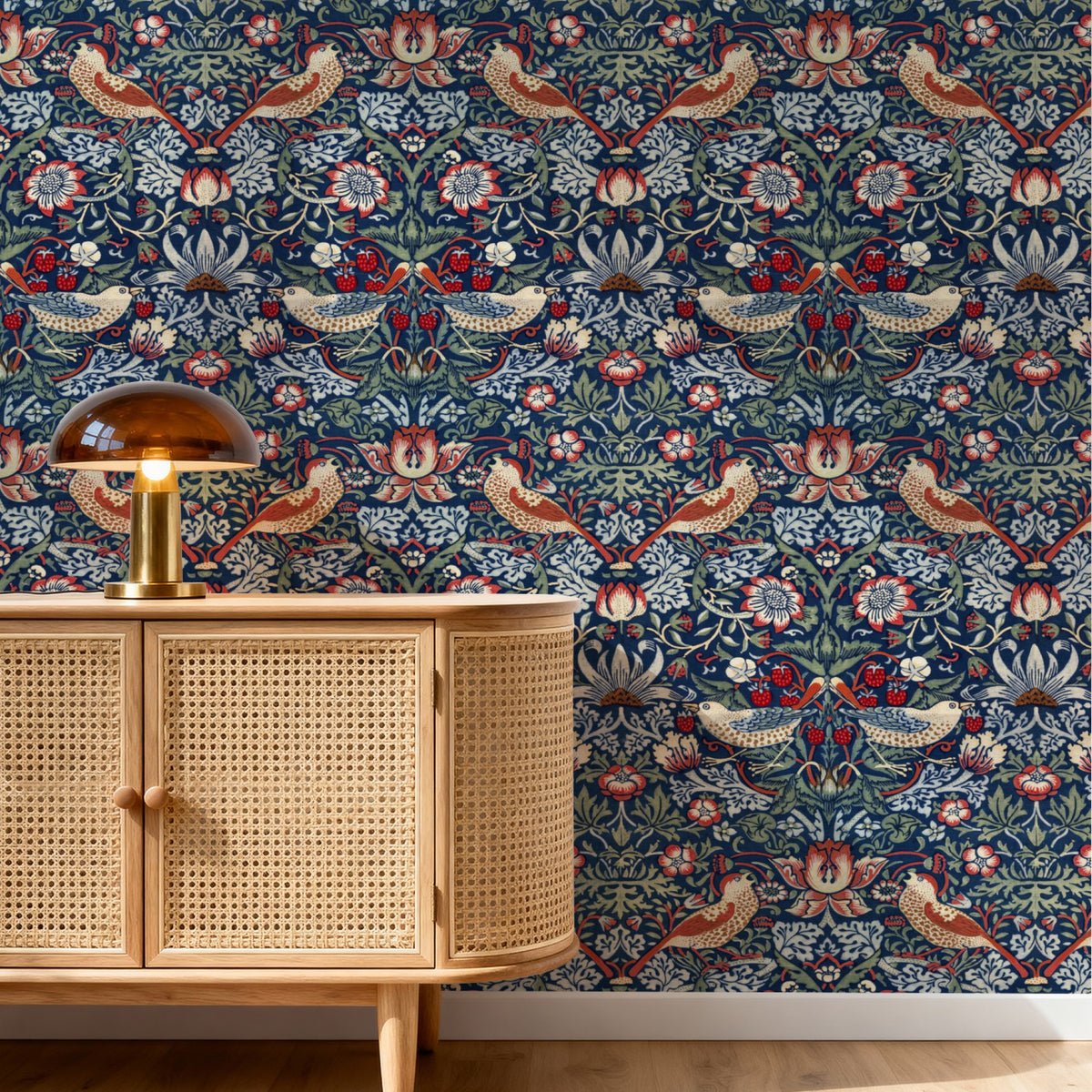 William Morris Strawberry Thief Indigo & Madder wallpaper in a styled room