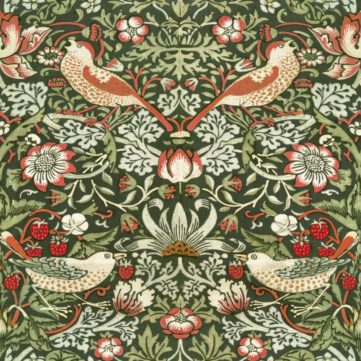 William Morris Strawberry Thief Olive & Cream wallpaper pattern repeat