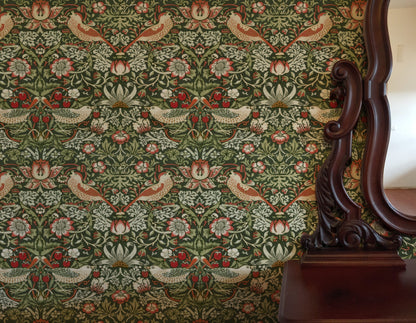 William Morris Strawberry Thief Olive & Cream wallpaper in a styled room