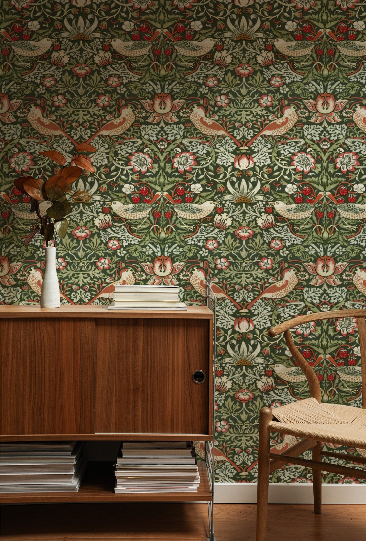 William Morris Strawberry Thief Olive & Cream wallpaper in a styled room