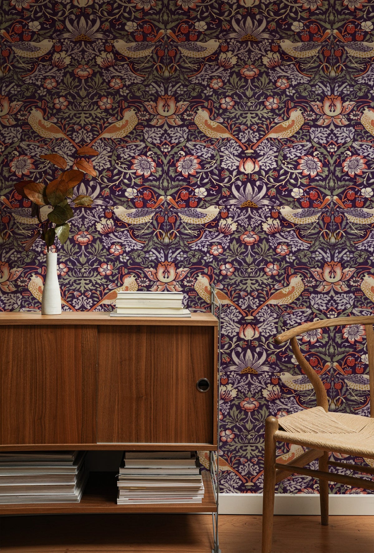 William Morris Strawberry Thief Plum & Ochre wallpaper in a styled room