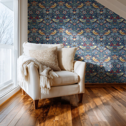 William Morris Strawberry Thief Sapphire & Butter wallpaper in a styled room