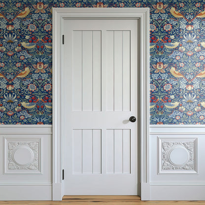 William Morris Strawberry Thief Sapphire & Butter wallpaper in a styled room