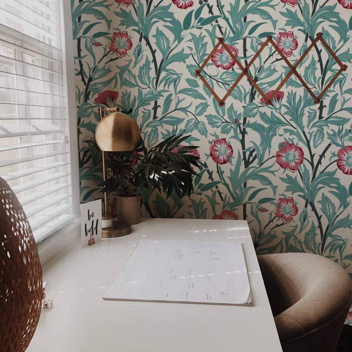 Red Floral Wallpaper shown in a second room with the sweet briar rose design in warm light