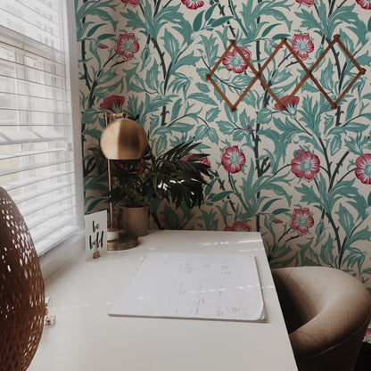 Red Floral Wallpaper shown in a second room with the sweet briar rose design in warm light