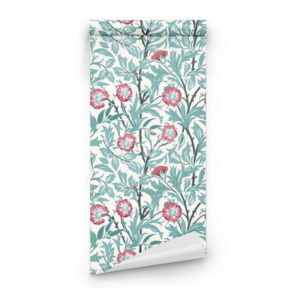 Red Floral Wallpaper roll close-up showing the sweet briar rose drawing in close warm light