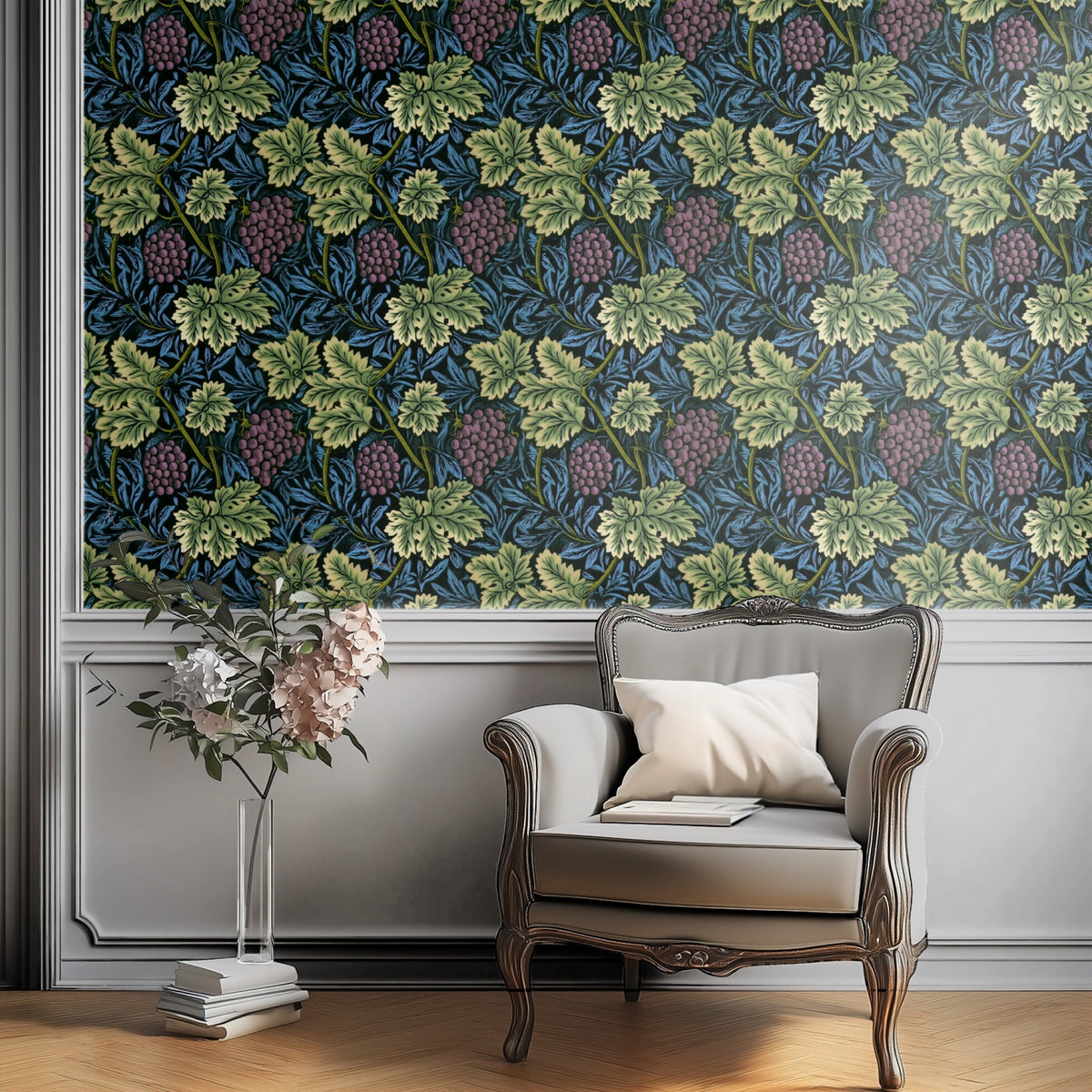 William Morris Vine Teal large scale wallpaper in a styled room