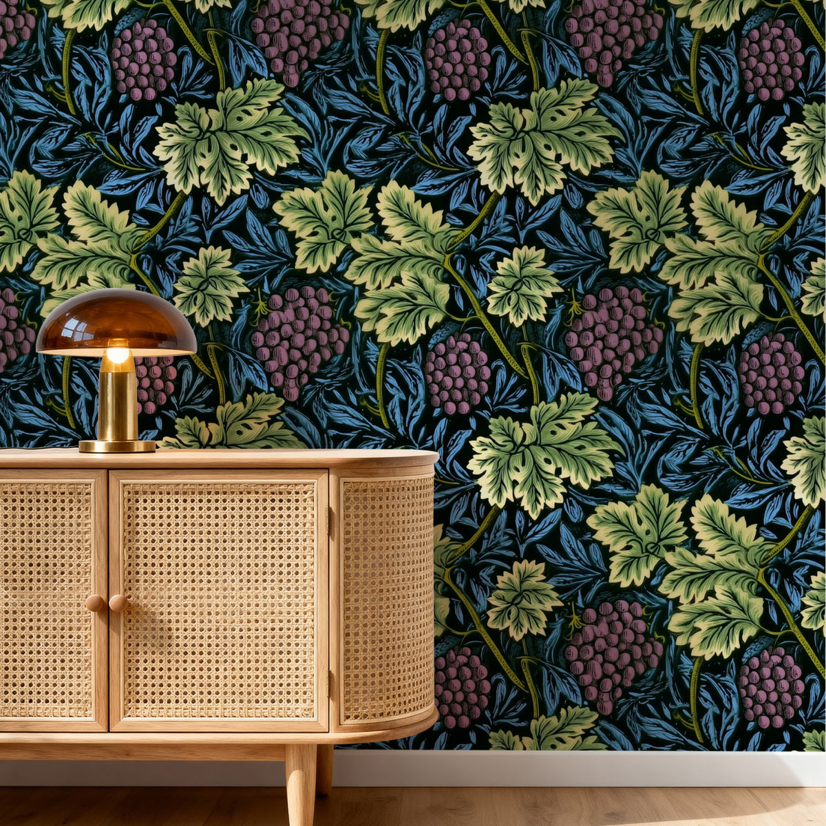 William Morris Vine Teal large scale wallpaper in a styled room