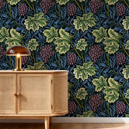 William Morris Vine Teal large scale wallpaper in a styled room