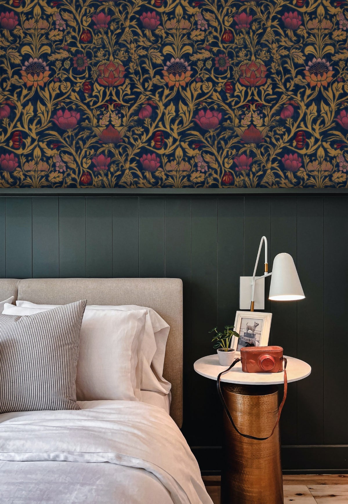 William Morris Violet And Columbine Navy large scale wallpaper in a styled room