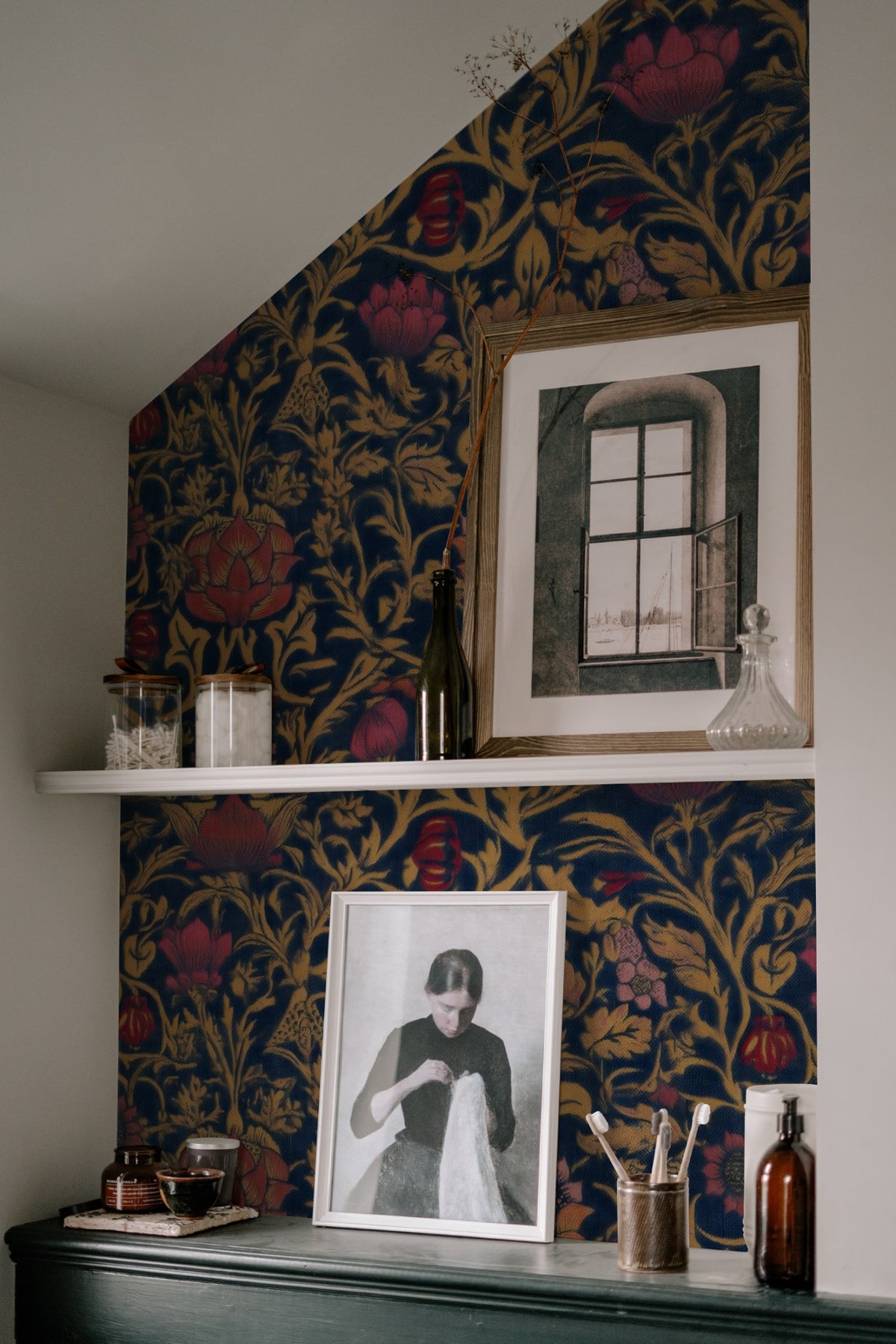William Morris Violet And Columbine Navy large scale wallpaper in a styled room