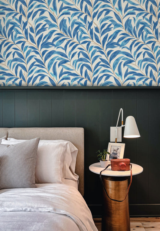 Blue Botanical Wallpaper installed in a room interior with the 1887 Morris willow leaves design