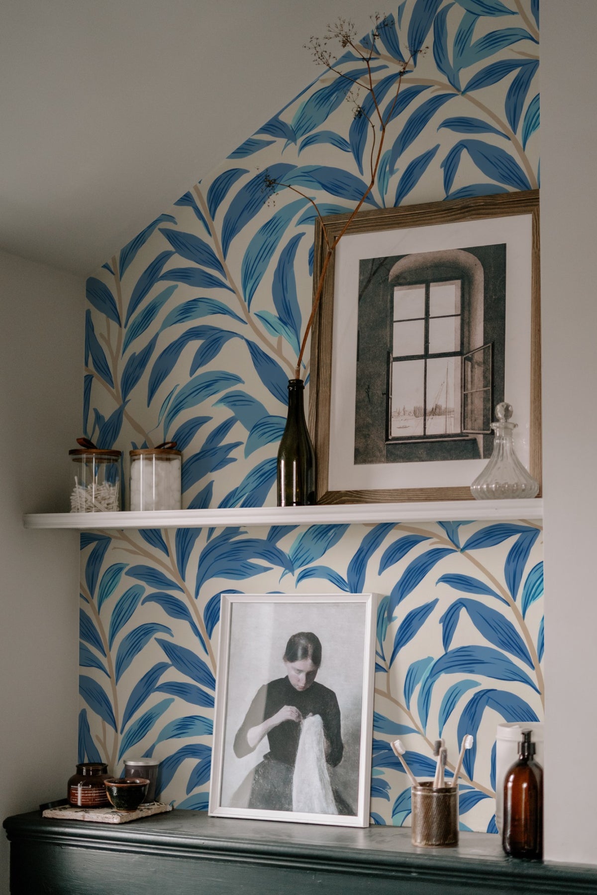 Blue Botanical Wallpaper shown in a second interior with the soft blue Willow Bough leaves