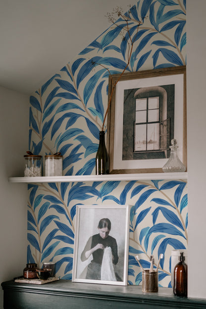 Blue Botanical Wallpaper shown in a second interior with the soft blue Willow Bough leaves